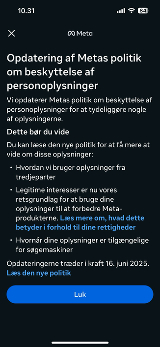 Info om ny politik for behandling af personoplysninger fra Meta
