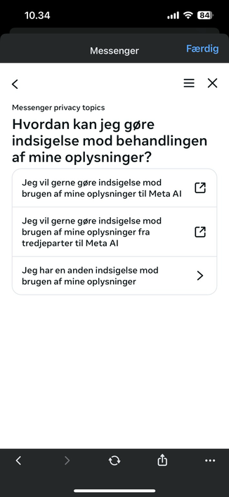 Side med muligheder for at gøre indsigelse. De to øverste handler om brug af ens oplysninger til Meta AI. Der er små bokse med pil op til højre som antyder at man kan klikke videre, men intet sker når man prøver. Den tredje muligheder handler “andre indsigelser” og leder til siden i næste billede.