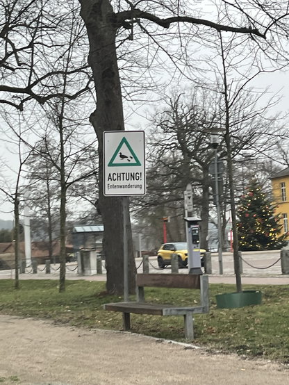 Billede taget gennem bilruden. På en baggrund af træer, p-plads og et juletræ ses et hvidt vejskilt med en grøn trekant med en and og to ællinger indeni over teksten: “Achtung! Entenwanderung”