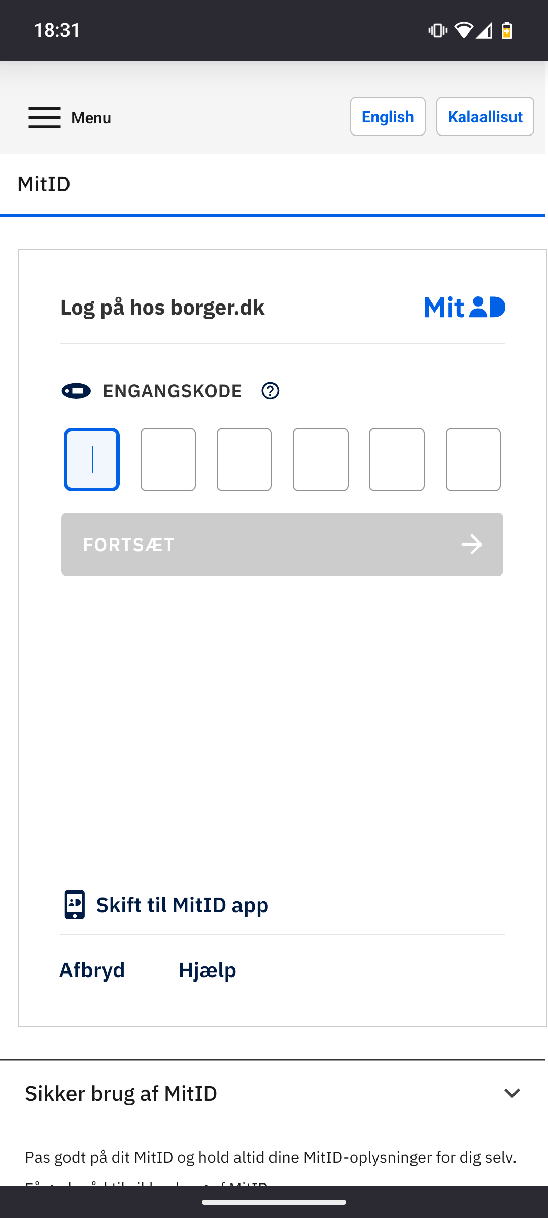 Skærmbillede af mit-id login hos borger.dk, med kodeviseren.
