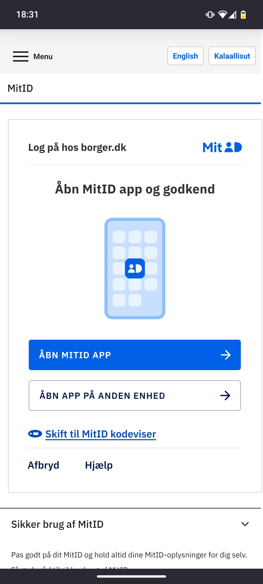 Skærmbillede af mit-id login hos borger.dk, med mit-id app.
