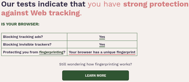 Coveryourtracks test af LibreWolf browseren