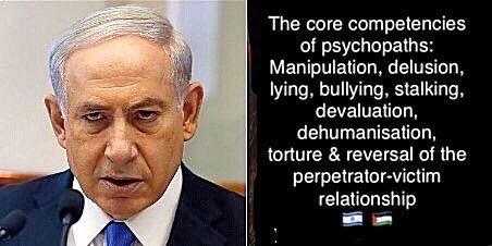 Alt-text next to a photo of Netanyahu

“The core competencies of psychopaths: Manipulation, delusion, lying, bullying, stalking, devaluation, dehumanisation, torture & reversal of the perpetrator-victim relationship”