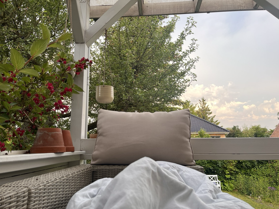 Morgenudsigt fra sofaen på terrassen. Himlen er en bleg blå og der er lidt vattottede skyer. I denne vinkel ser man også trompetbusken som læner sine grene ind over terrassen. Man kan se lidt af en dyne i fodenden, og en sofapude der er stablet op som afskærmning