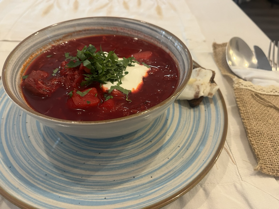 Smuk keramikskål i blå og hvid med en god portion højrød borscht med en klat creme fraiche og noget hakket persille. Ved siden af ligger bestikket i en fin lille pose