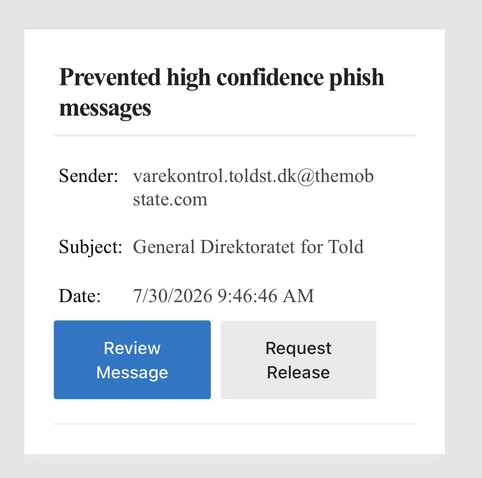 Skærmbillede af indhold af spamfilter med ordlyden: “Prevented high confidence phish messages Sender:	varekontrol.toldst.dk@themobstate.com	 	  Subject:	 General Direktoratet for Told	“ Nederst knapper med teksten Review Message og Request Release
